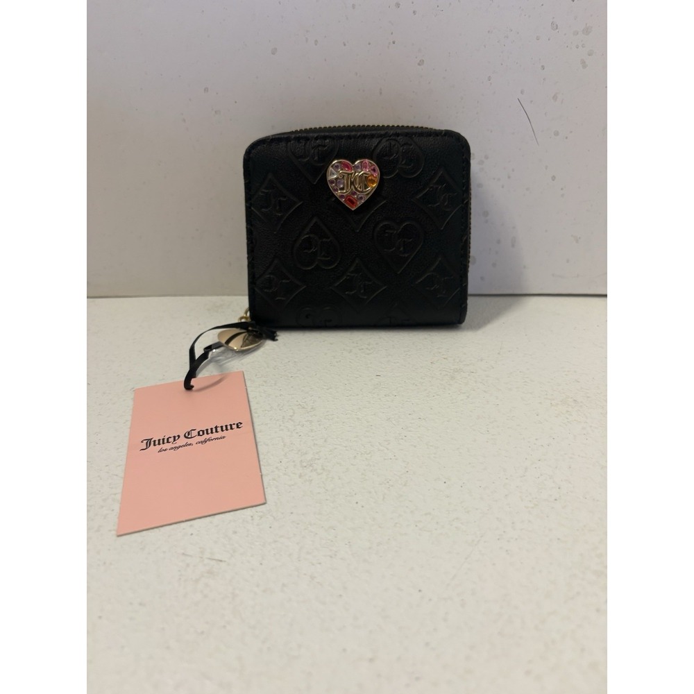 Vintage Juicy Couture‎ Black Velour Embossed Wallet Heart Charm Y2K Wristlet NWT